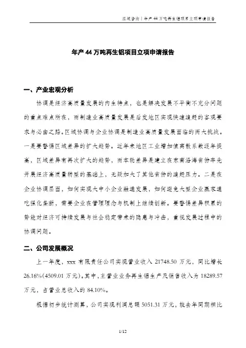 年产44万吨再生铝项目立项申请报告