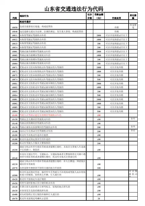 山东省道路交通安全违法行为代码及处罚标准