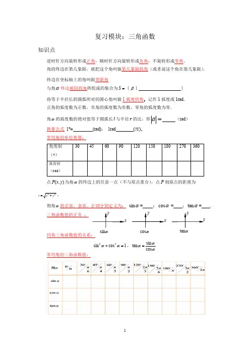 中职数学三角函数复习