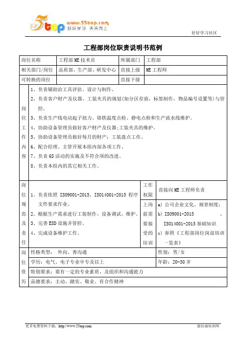 ME技术员岗位职责说明书