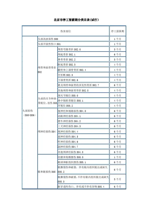 北京市停工留薪期分类目录(试行)