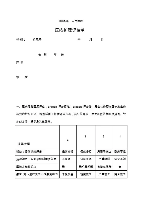 最新医院压疮护理评估表
