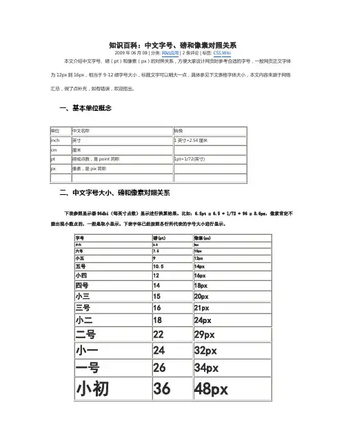 中文字号、磅和像素对照关系