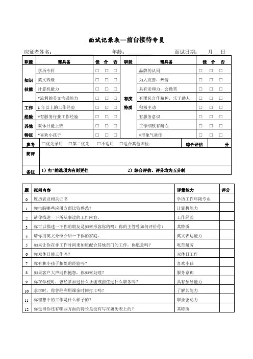 前台接待人员面试记录表