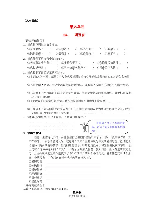 2020人教版九年级语文上册《词五首》同步练习2
