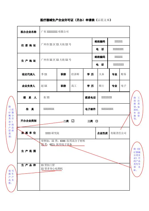 医疗器械生产许可证申请表填写示范