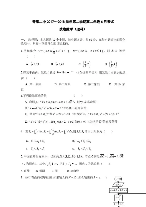 【月考试卷】河北省唐山市开滦第二中学2017-2018学年高二6月月考数学(理)试题Word版含答案