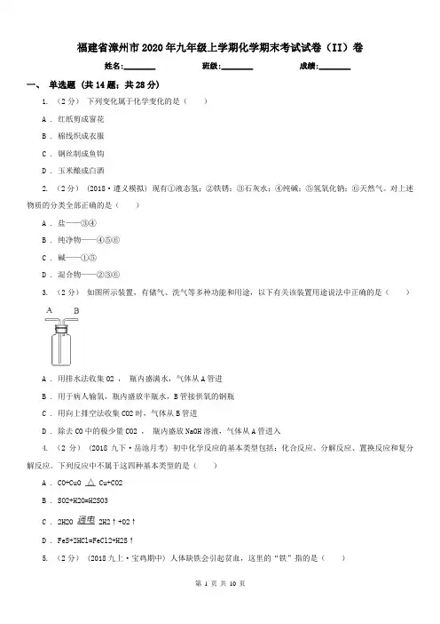 福建省漳州市2020年九年级上学期化学期末考试试卷(II)卷