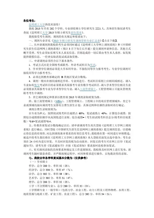 昆明理工大学2013年硕士研究生招生调剂信息