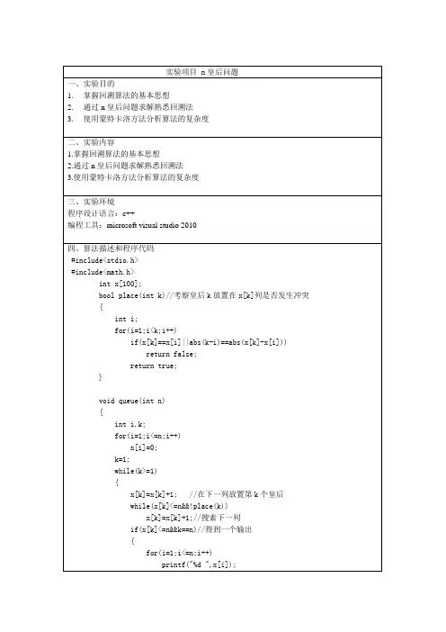 实验四回溯法求n皇后问题