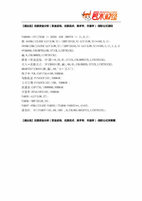 【股票指标公式下载】-【通达信】北狼资金分析(资金进场、北狼买点、换手率、市盈率)
