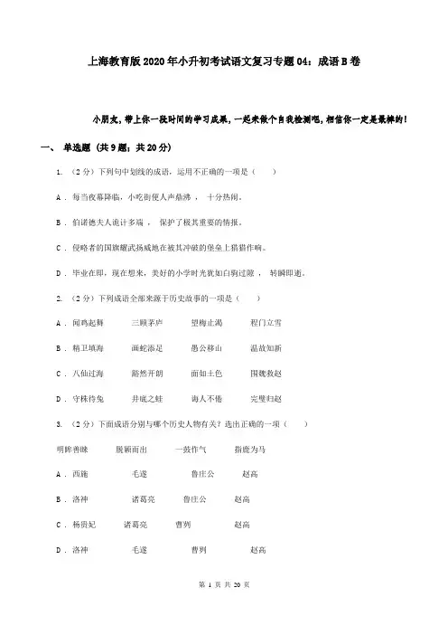 上海教育版2020年小升初考试语文复习专题04：成语B卷