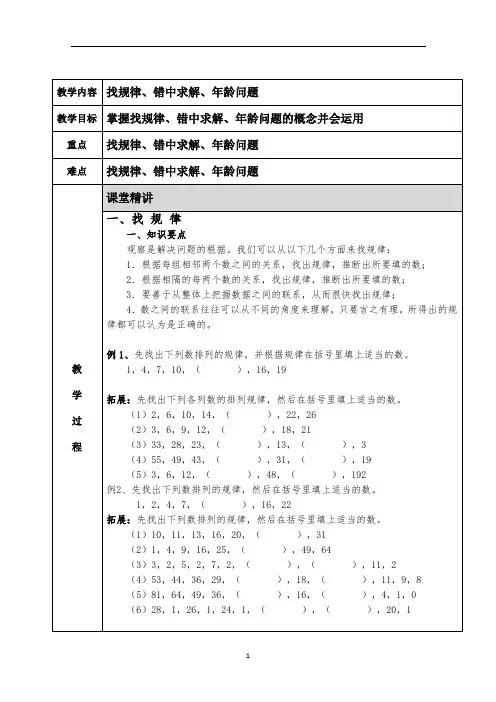 小学奥数 找规律 知识点+例题+练习 (分类全面)