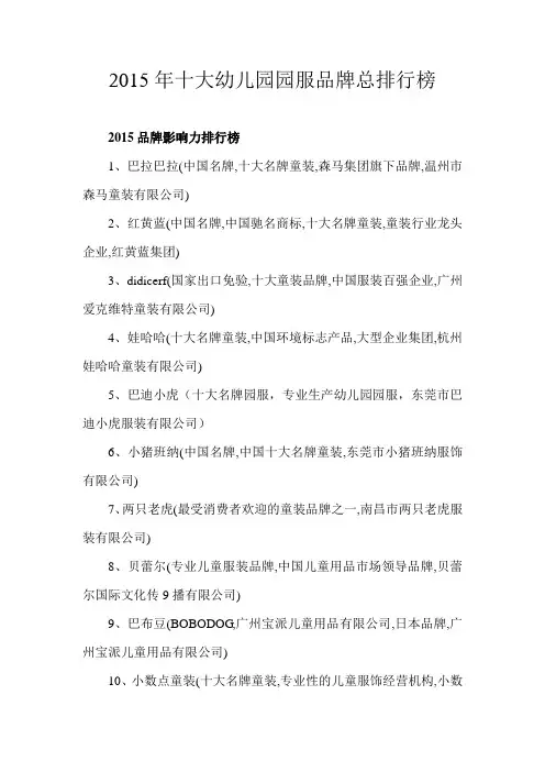 2015年十大幼儿园园服品牌总排行榜