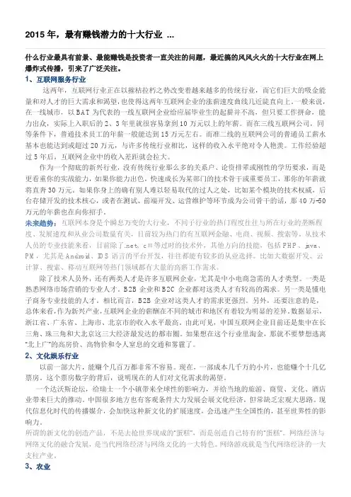 2015年最有赚钱潜力的十大行业