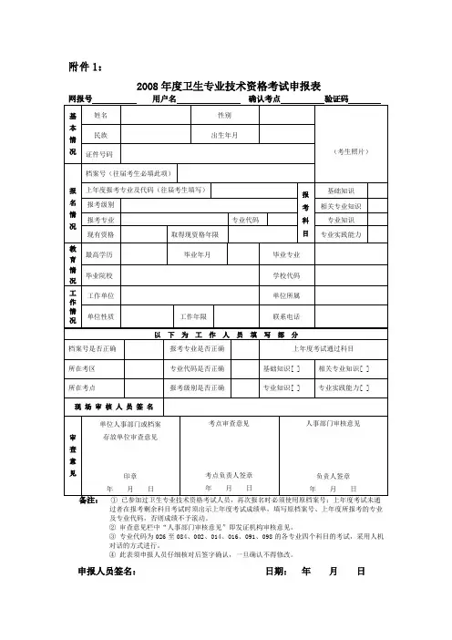 卫生专业技术资格考试申报表