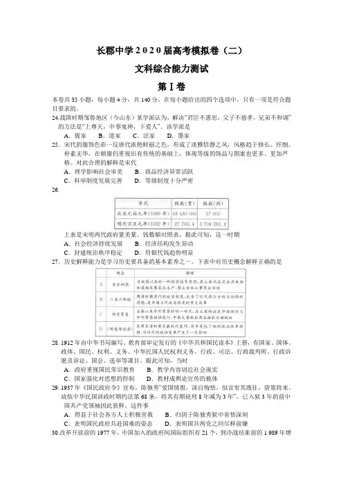 湖南省长郡中学2020届高考模拟试卷(二)文科综合历史试题Word版