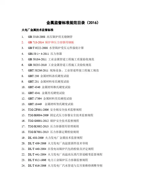 金属监督标准规范目录(2016)