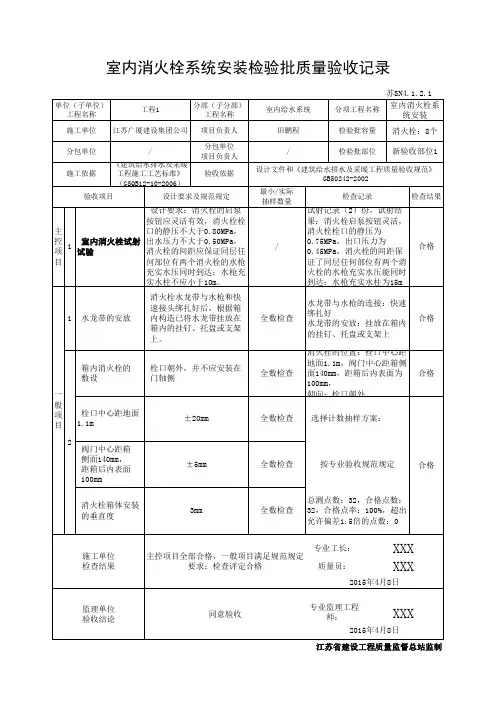 室内消火栓系统安装检验批质量验收记录