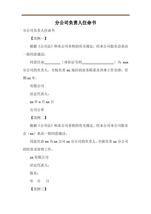 分公司负责人任命书