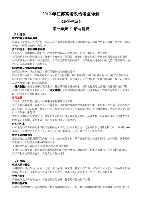 2012江苏高考-政治考点-详解(经济生活、政治生活、文化生活)