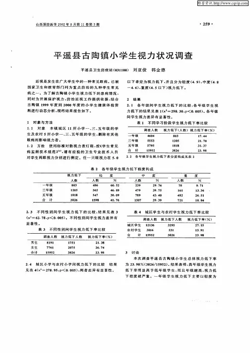 平遥县古陶镇小学生视力状况调查