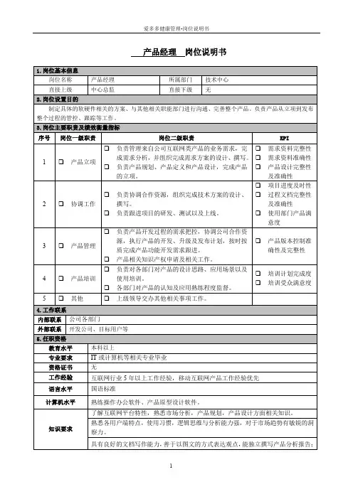 (完整word版)产品经理-岗位职责说明书