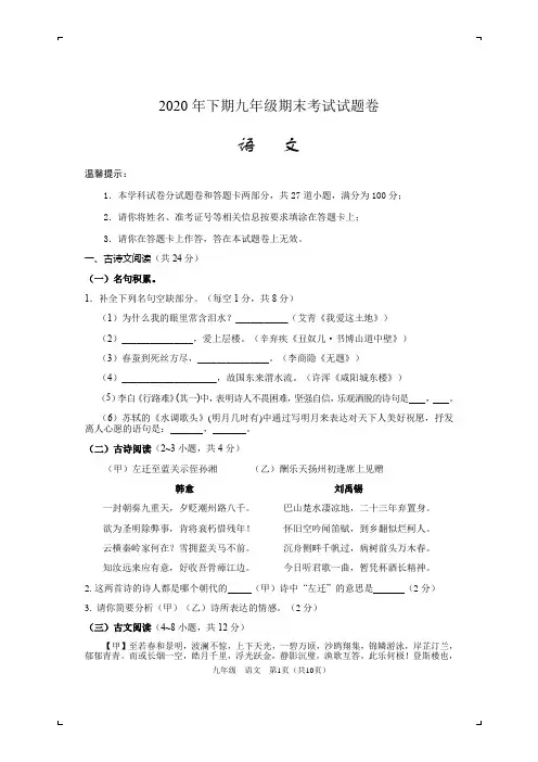湖南省邵阳市隆回县2020-2021学年九年级上学期期末考试语文试题