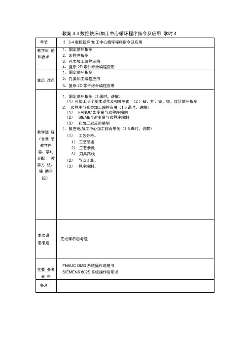 教案34数控铣床加工中心循环程序指令及应用