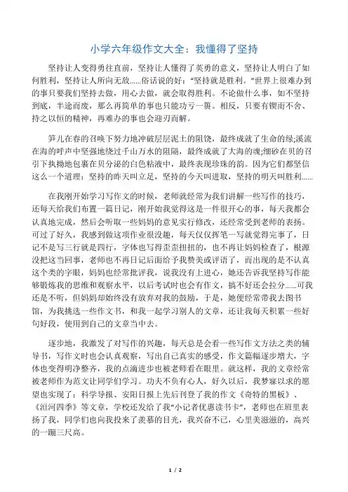 小学六年级作文大全：我懂得了坚持