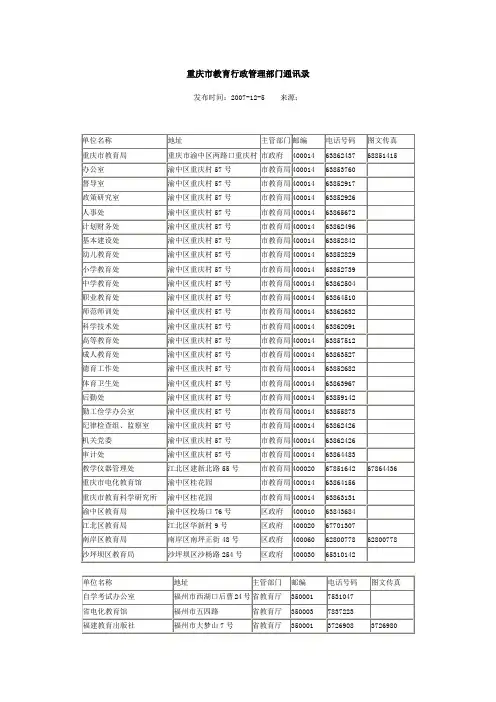 重庆市教育行政管理部门通讯录