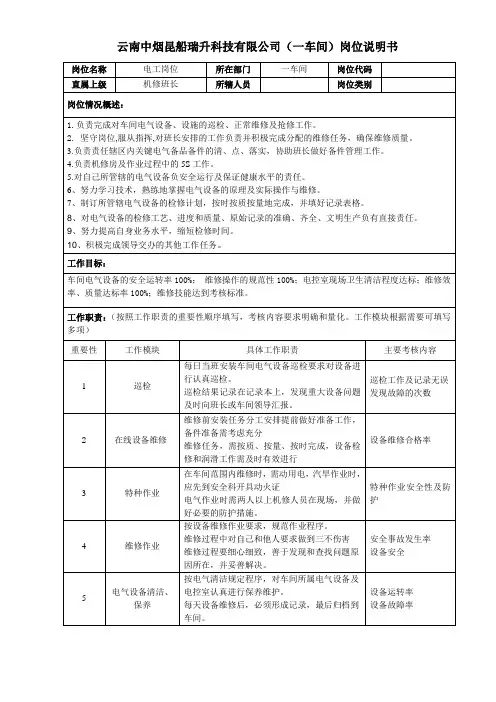 电工岗位说明书