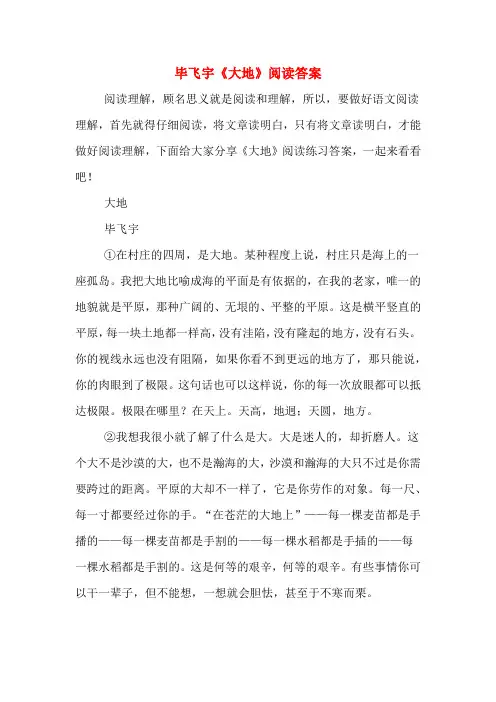 毕飞宇《大地》阅读答案