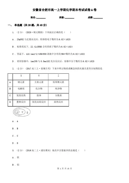 安徽省合肥市高一上学期化学期末考试试卷A卷(精编)