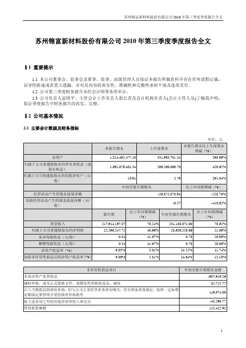 锦富新材：2010年第三季度报告全文 2010-10-27