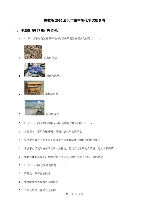 鲁教版2020届九年级中考化学试题D卷