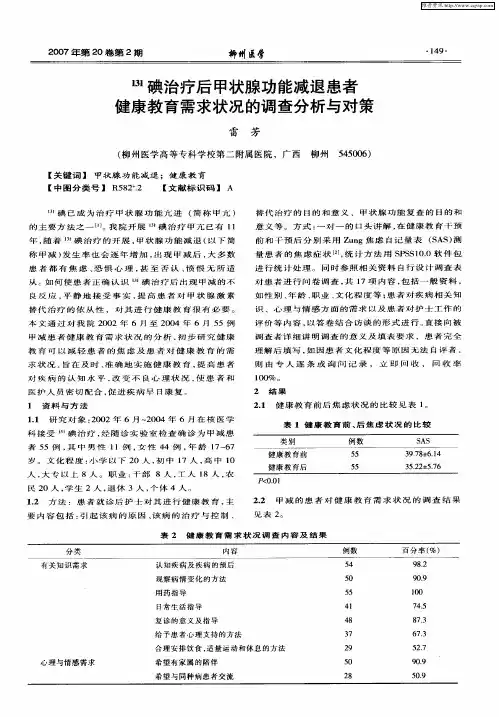 131碘治疗后甲状腺功能减退患者健康教育需求状况的调查分析与对策