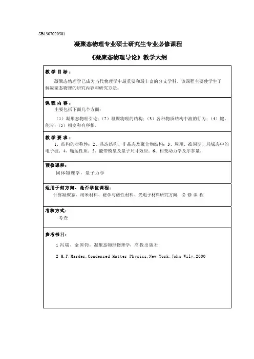 凝聚态物理专业硕士研究生专业必修课程 《凝聚态物理导论》教学大纲