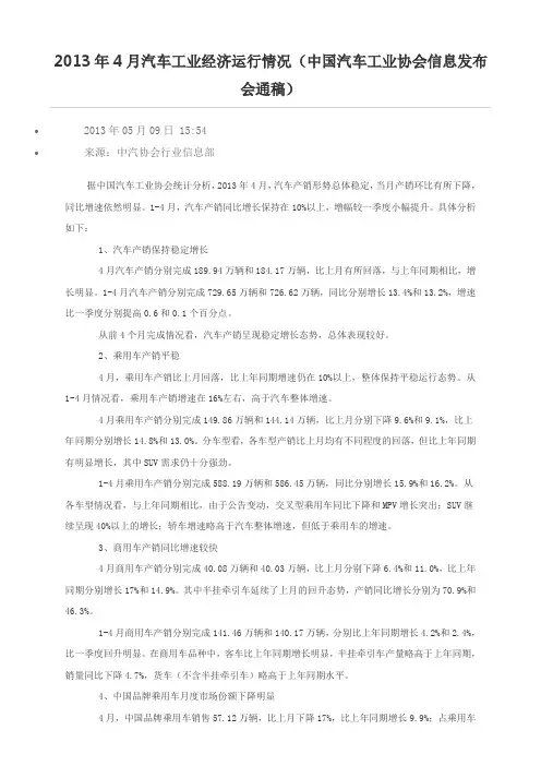 2013年4月汽车工业经济运行情况