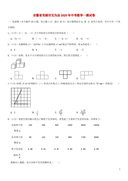 安徽省芜湖市无为县2020年中考数学一模试卷(含解析)