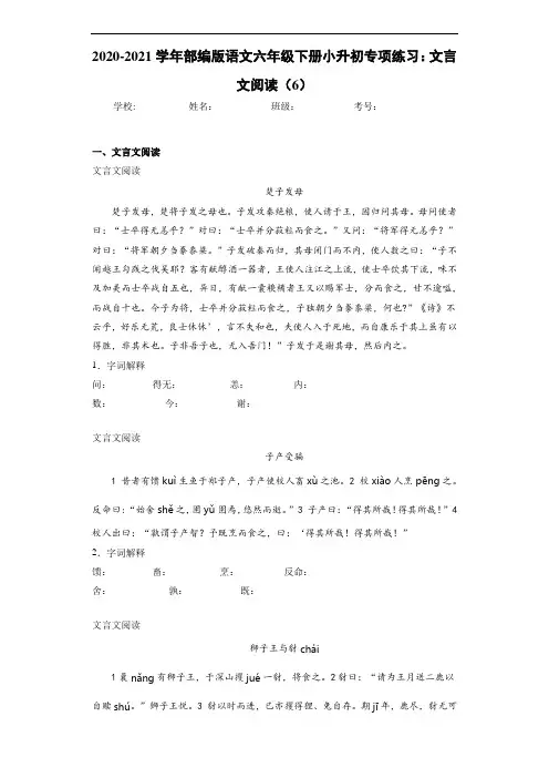 2020-2021学年部编版语文六年级下册小升初专项练习：文言文阅读(6)