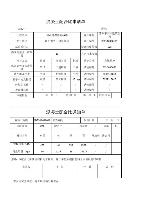 表D2-7 混凝土配合比申请单
