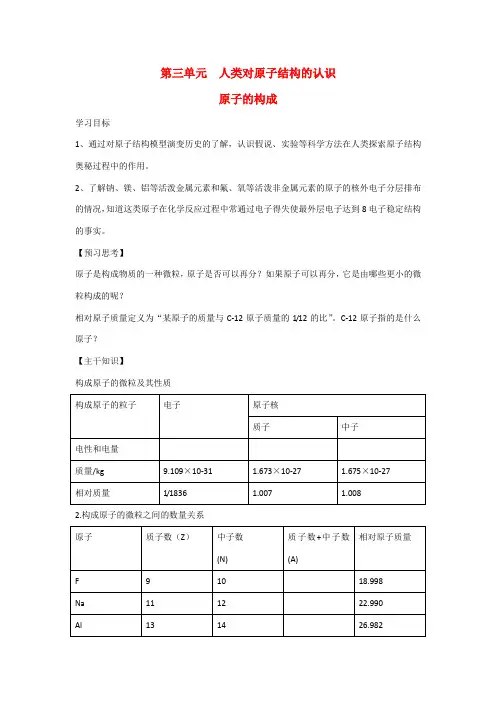 高中化学第三单元  人类对原子结构的认识 学案 苏教版必修1