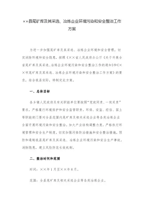 工作方案：县尾矿库及其采选、冶炼企业环境污染和安全整治工作方案