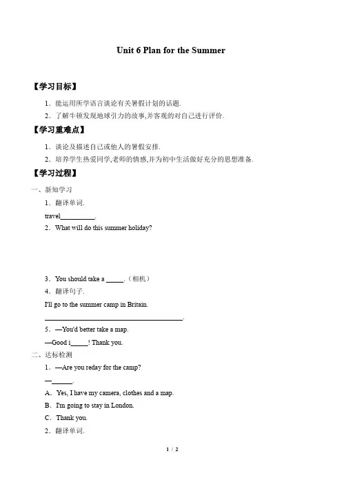 五年级下册英语学案-Unit 6 Plan for the Summer鲁科版(五四学制 三起)
