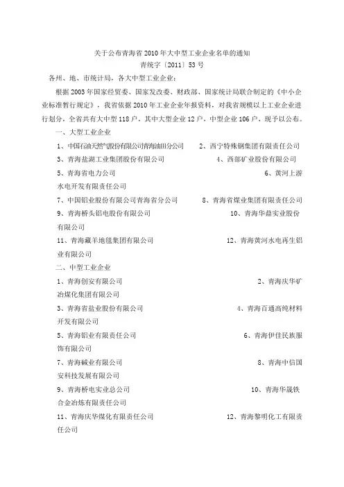 青海省2010年大中型工业企业名单