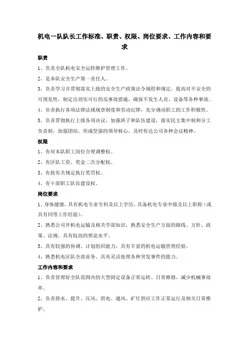 机电一队队长工作标准、职责、权限、岗位要求、工作内容和要求