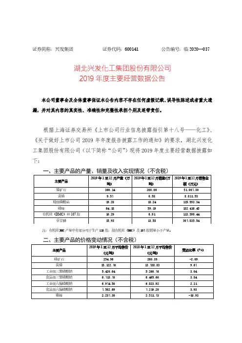 兴发集团：2019年度主要经营数据公告