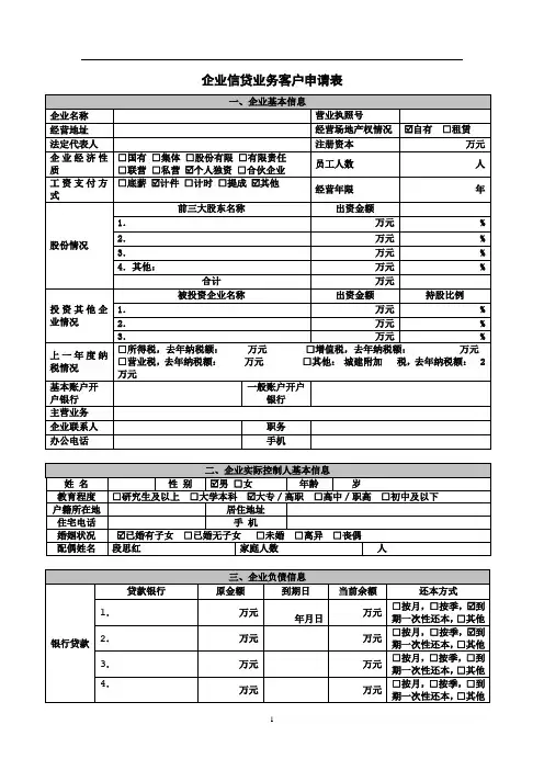 企业信贷业务客户申请表