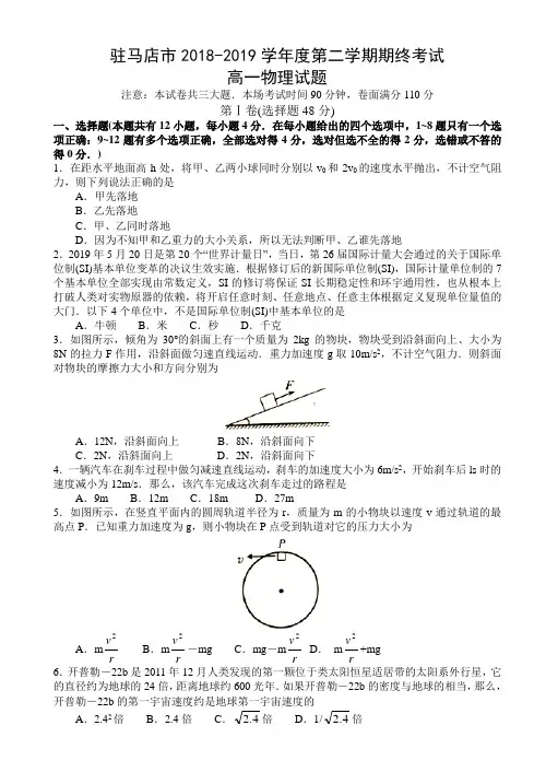 河南省驻马店市2018-2019学年高一下学期期末考试物理试题(含答案)
